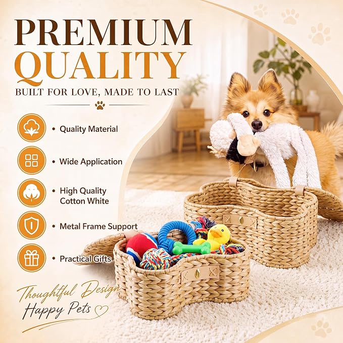 Barydat 2 Set Dog Bone Shaped Basket with Lid Gourd Grass, Light Brown | Large Small Sizes, Handmade Woven Basket for Toy Storage, Organizes Pet Items, Home Bin with Secure Lid Closure