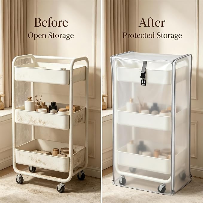 Utility Cart Cover Heavy Duty Dustproof Fits 17x13x31in Supply Cart | Frosted semi-transparent PVC cover keeps cart contents visible yet neat, moisture, and daily home clutter buildup