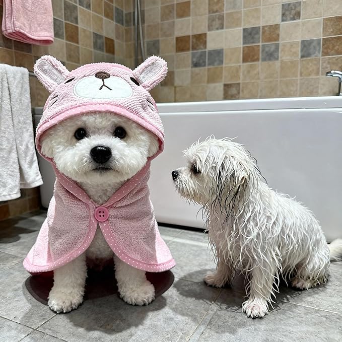 Dog Hooded Bathrobe Towel, Fast Drying Bath Towel Absorbent Warm Blanket Pink M