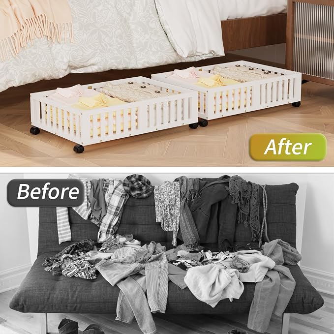 Under Bed Storage with Wheels, 2 Pcs Bamboo Drawers for Clothes and Toy | 360° wheels glide smoothly, Sturdy bamboo frames hold clothes, shoes, bedding and toys. Easy pullout access keeps rooms tidy