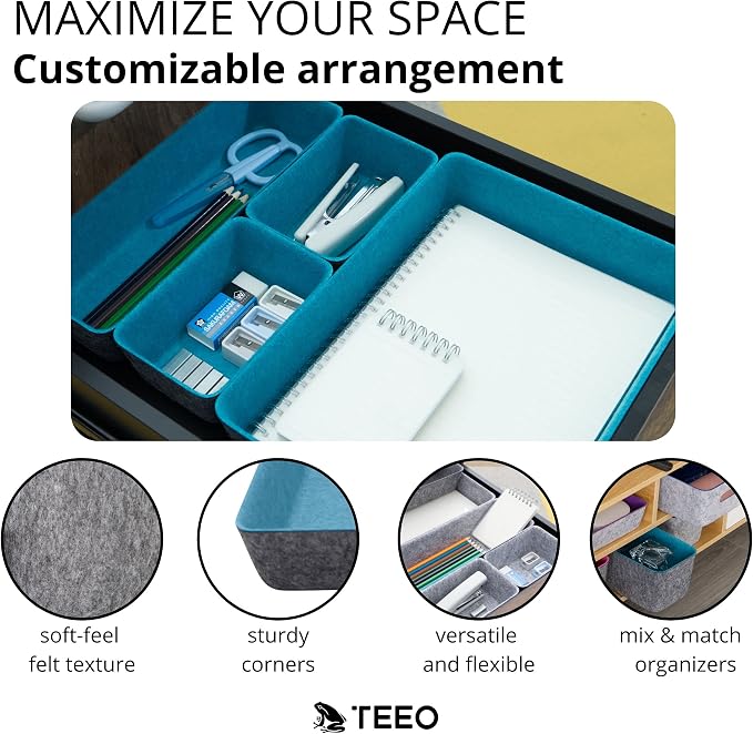 Teeo - Desk Organizer Drawer - Makeup Drawer Organizer Trays - Bathroom Drawer Organizer - Small Desk Organizer - Home Office Cosmetic Bins Dividers Compartment Organization - Pack of 7, Turquoise