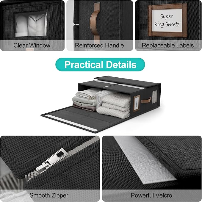 6 Pack Foldable Bed Sheets Set Organizers and Storage(Cal King Size),Linen Fabric Closet Organizers with Window,Folding Bedding Storage Box for Bedsheets and Pillow Cube Organizer-Black
