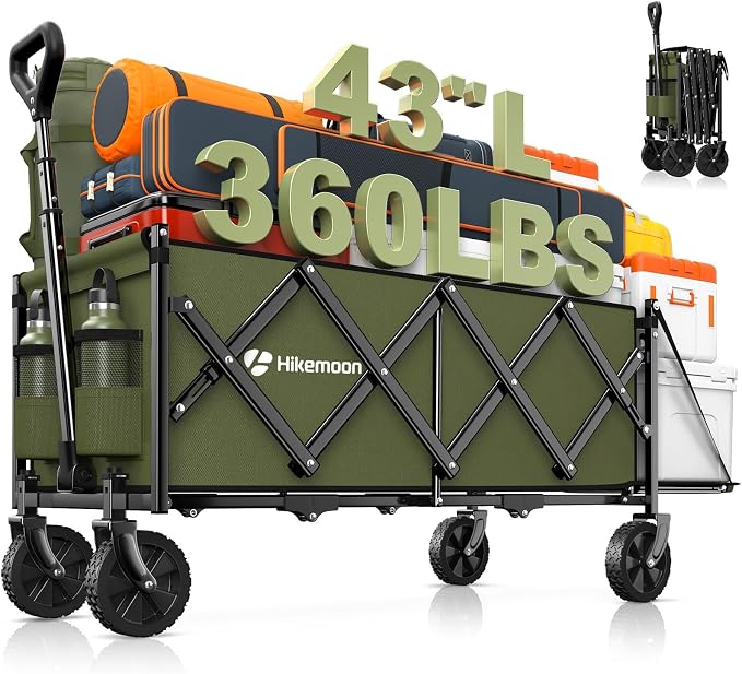 43'' Extra Long Folding Wagon with Extended Tailgate, Green | Wagons Carts Foldable, 360LBS Heavy Duty, Compact Portable, Utility Collapsible for Shopping/Beach/Garden/Camping/Sports