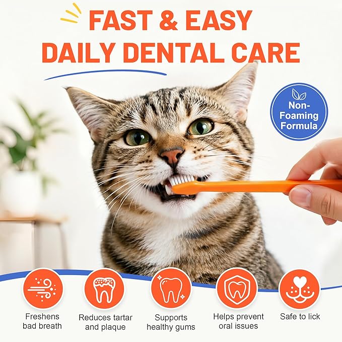 Cat Toothbrush and Toothpaste Kit - Salmon Flavor Enzymatic Cat Toothpaste for Plaque & Tartar Control - Includes a Long Handle Brush & a Soft Silicone Finger Brush for Felines, 1.06 oz