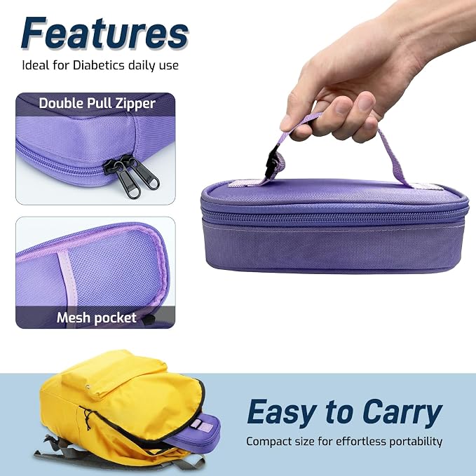Cruxer Insulin Vial Cooler Travel Case (Purple),Keep Medication Vial Cool — Portable Insulated Diabetic Medicine Travel Bag,TSA Approved,Small Bottle Storage Kit with Reusable Ice Brick Cooler