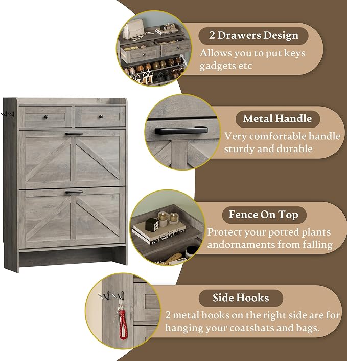 BORNOON Shoe Storage Cabinet for Entryway, Farmhouse Narrow Shoe Cabinet with 2 Flip Drawers & Top Drawers, Adjustable Shelves & Hooks, Freestanding Hidden Rack Organizer for Hallway, Foyer