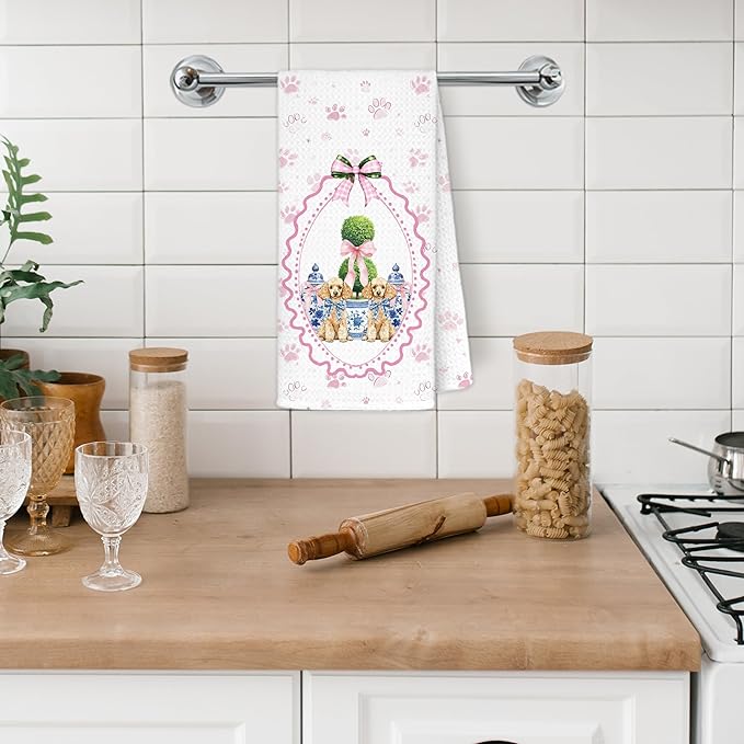 Blue Chinoiserie Christmas Poodle Dog Kitchen Towels, Poodle Gifts for Women Dish Tea Towels for Kitchen Decor, Pink Coquette Bow Xmas Tree Dog Paws Hand Towel for Bathroom Decor, 16x24 Inch