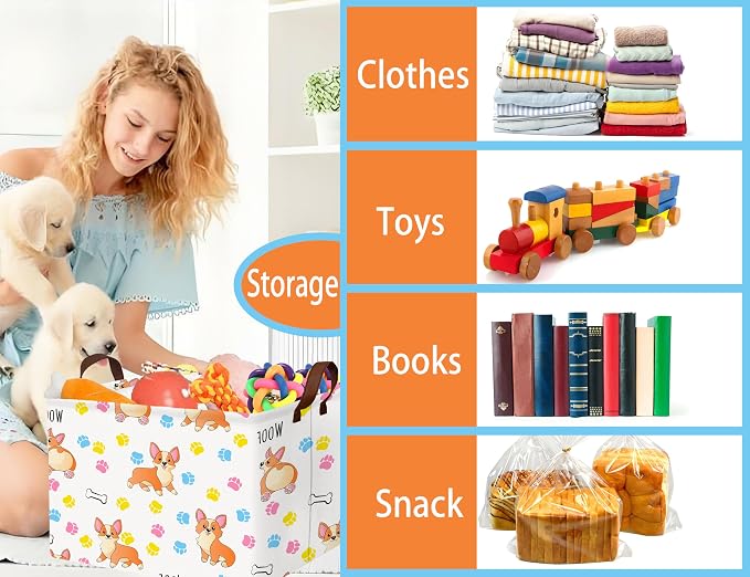 Medium Dog Toy Storage Basket Collapsible Pet Bin Box with Handles Large Puppy Box Stuff Organizer Living Room Decor(Color Paw)