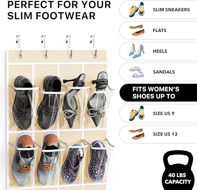 Simple Houseware 24 Pockets Clear Over the Door Shoe Organizer, Beige | 64" x 19", 4 Durable Metal Hooks, 4.3" x 9.5" Pocket Size, Multipurpose