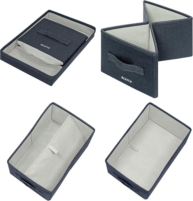 Leitz Fabric Storage Box with Lid, Set of 2 Cube Storage Unit Boxes, Foldable Fabric Ottoman Storage Organiser Box, Velvet Grey, Small, 61460089