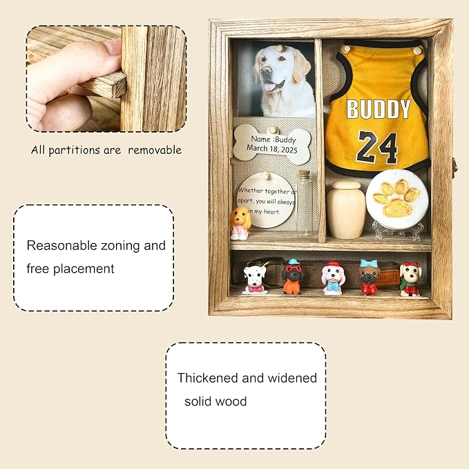 Solid Wood 11x14 Pet Memorial Shadow Box Frame with Adjustable Shelves Paw Print Kit Pet Urn Ashes Display Case Brown Dog Memorial Gifts for Loss of Dog