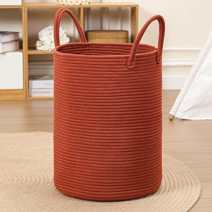 80L Large Woven Laundry Basket Hamper, 100% Natural Cotton Rope, Handwoven & Durable, Storage for Blankets, Toys, Clothes, Decorative Nursery Hamper for Living Room, Baby Room, Bedroom (Terracotta)