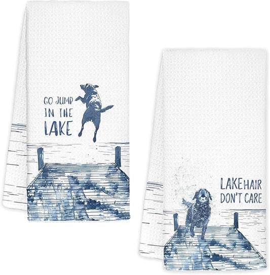 Lake House Decor Dish Towels,Lake House Gifts Funny Dog Kitchen Decorative,Dog Lover Mom Gifts Hand Towels Drying Cloth for Kitchen Bathroom Decor,16x24 Inch Set of 2