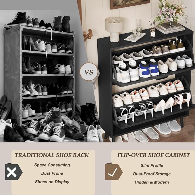 Shoe Storage Cabinet with 2 Flip Drawers, Narrow Wood Shoe Organizer Cabinet with Fluted Panel, Slim Shoe Rack for Entryway, Freestanding Shoe Cabinet for Living Room, Hallway, Black