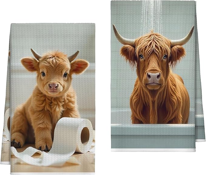 Bath Towels Set of 2, Cute Highland Cattle Dish Towel for Bathroom Spa Washroom, Western Cow Fast Drying Decorative Hand Towels, Farmhouse Housewarming Xmas Gifts for Women Mom -B21