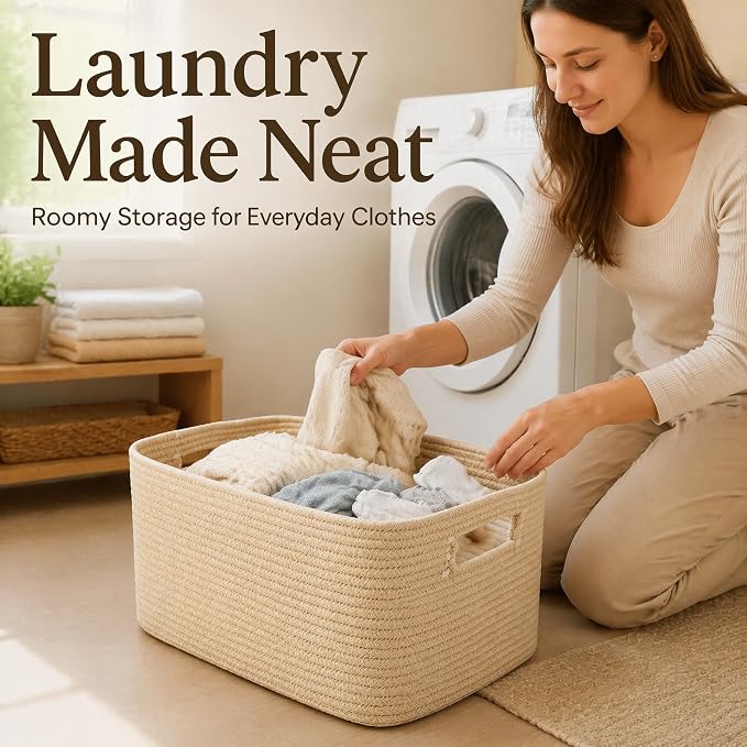 15.4GAL Woven Laundry Basket for Kids, Cute Boho Square storage basket for Living Room Decor, Baby Girls Boys Toys Stuffed Animal Decorative Short Hamper for Dirty Clothes, Bath Towel Oatmeal