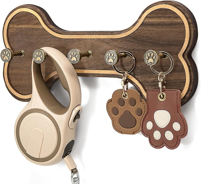 MTERSN Acacia Wood Dog Leash Holder for Wall – Farmhouse Dog Stuff Organizer and Dogs Bone Key Holder Wall Mount with 3D Paw Hooks - Cute Pet Organizer for Leashes, Keys & Home Decor(Dark Acacia) | Dog Bone Key Holder Wall Mount, Five Key Hooks, Farmho...