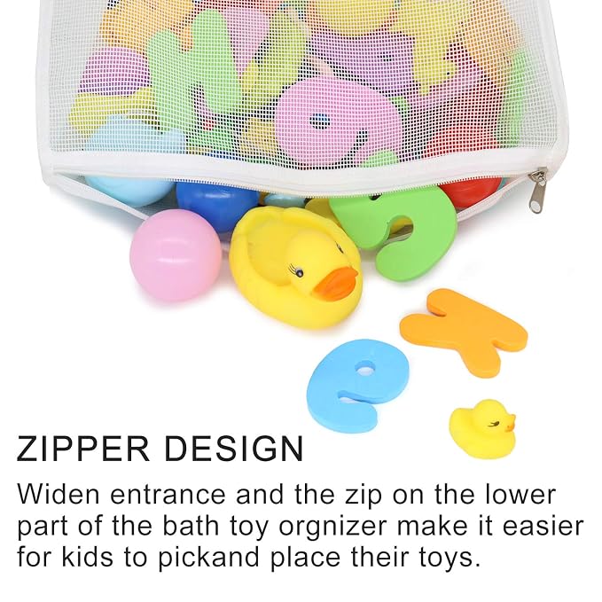 Muchfun Bath Toy Organizer Multiple Ways to Hang | Extra Large Opening Bathroom Toy Holder, Bottom Zipper Bathtub Toy Storage Bag (White)