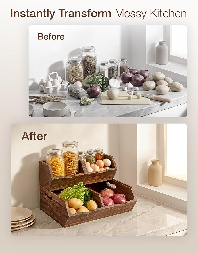 Tidita Acacia Wood Potato & Onion Storage Bin, Stackable (Patent Pending) | Walnut Finish, Solid Acacia Wood, No Assembly, 3 Stackable Bins, Integrated Handles, 50LBS Capacity, Non-Skid Pads, Multi-Use