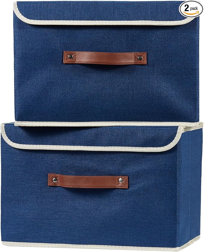 2PCS Storage Boxes with Lids Cotton Linen Fabric Bins Baskets | Decorative Collapsible Washable, Clothes Container Organizer for Closet Shelf, w/ Faux Leather Handles, Deep Blue, Large
