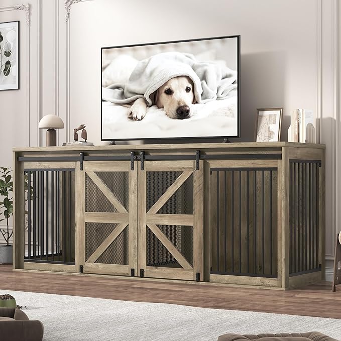 jiteentarou87In Farmhouse Dog Crate TV Stand, Wooden Dog Kennel Furniture with Sliding Metal Mesh Barn Door, Large Dog Crate Furniture for 2 Dogs, Solid Metal Tube & 2 Lockable Doors, Light Grey