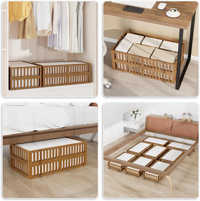 Under Bed Storage with Wheels, 2 Pcs Bamboo Drawers for Clothes and Toy | 360° wheels glide smoothly. Sturdy bamboo frames hold clothes, shoes, bedding and toys. Easy pullout access keeps rooms tidy