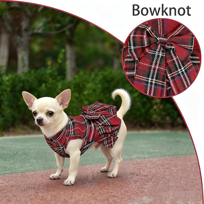 Classic Plaid Dog Dress with Bow Tie for Small Dogs Cats Girls, Cute Puppy Dresses Clothes with Bowknot Chihuahua French Bulldog Pet Apparel Outfits (Cranberry Red, Small)