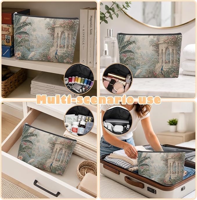 Chinoiserie Tropical Plant Peacock Empty Mahjong Tile Bag 13x7.8in | French Country Flower Garden Heron Printed Portable Organizer Zipper Pouch for American Mahjong Tiles Accessories and Gifts