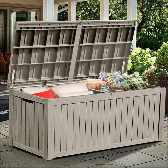 YITAHOME 180 Gallon Large Deck Box w/Divider | XL Waterproof Outdoor Storage for Patio Furniture,Outdoor Cushions, Garden Tools, Sports Equipment and Pool Supplies, Resin