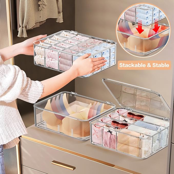 2pcs Sock Underwear Organizer, Sunoyar 16 Compartment Adjustable Dividers Tie Bras Socks Underwear Drawer Organizers for Closet, Clear Plastic Storage Containers Box with Lids for Ties Bra Scarf Socks