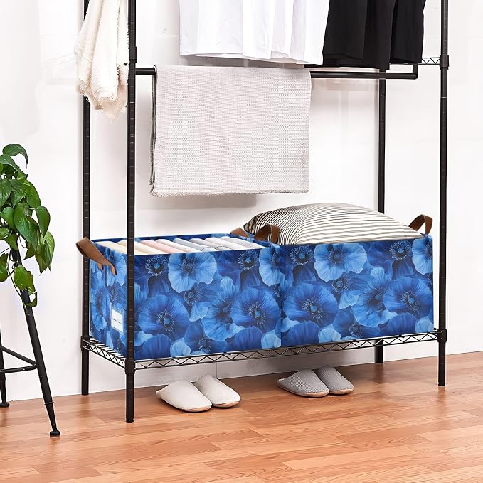 Cobalt Blue Poppy Flower Deep Blue Storage Bins for Shelves with Labels&Handles Fabric Organizer Bin Foldable Rectangle Storage Basket Boxes for Closet, Bathroom, Home, Living Room