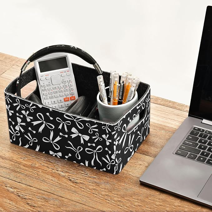 Emelivor Black White Bow Storage Basket Bins Set (2pcs) Felt Foldable Storage Bins with Dual Handles Dog Basket for Pet Books Clothes Closet Cabinet Organise