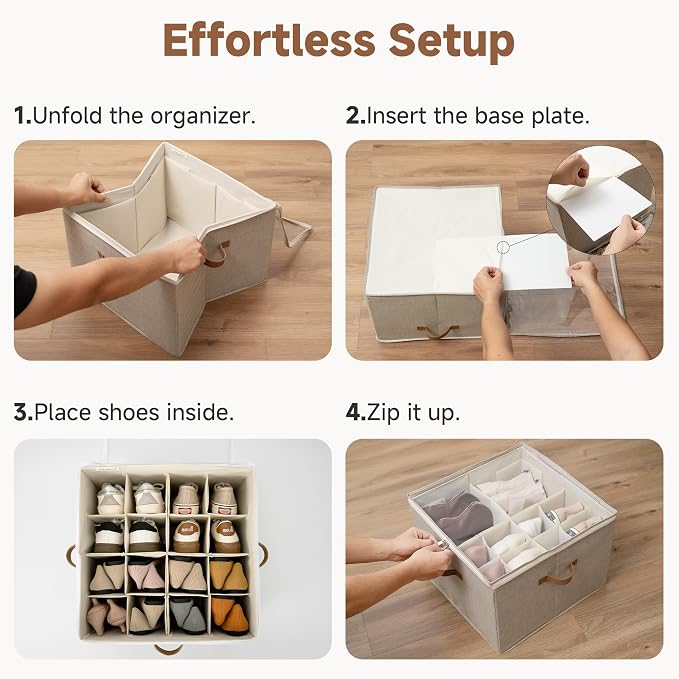StorageWorks 2-Pack 32-Pair Shoe Storage Organizer for Closet, Taupe | Adjustable Dividers, Holds up to 16 Pairs Each, Foldable, Clear Lid, Soft Handles, Fits Flats, Boots & Heels, For Entryway