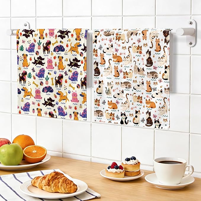 Cat Dog Kitchen Towels, 2 Pcs Dogs Dish Towels, Absorbent Dish Towel for Kitchen Drying Dog, Dish Cloths Funny Cute Housewarming Gifts for Women Cats Dogs Lovers