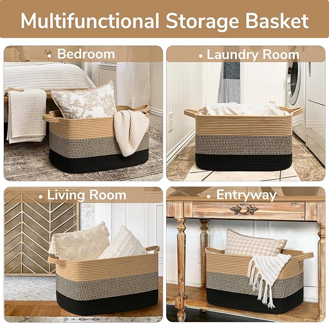 Goodpick Large Woven Blanket Basket, Rectangle, Black Jute, 75L | 21.6'' x 14.9'' x 11.8'' Wicker Storage Basket for Blankets & Toys, Living Room & Bedroom Organization, Reinforced Handles