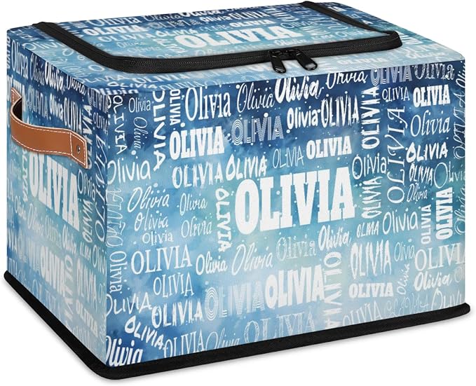 Personalized Storage Bins with Zipper Lid, Customized Name Storage Basket Rectangle Clothes Organizer for Organizing Kids and Pets Toys Shelf Closet, Watercolor Blue Starry Night