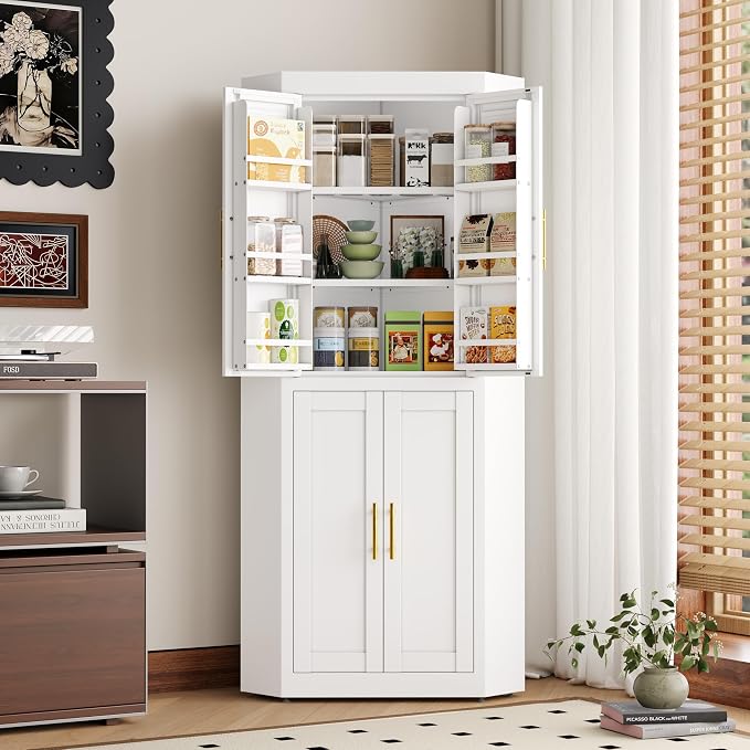 GAIOUS 63" Metal Corner Kitchen Pantry Cabinet, Kitchen Food Cabinets White | Tall Steel Storage Cabinet with 4 Doors and 3 Shelves, Farmhouse Cupboard with 6 Door Panel Shelves, for Dining Hallways