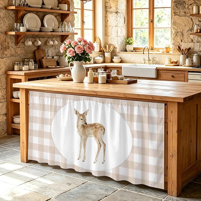 Resting Fawn Cabinet Curtains 28"x51" Sink Skirt for Bathroom Kitchen, Natural Animals Farmhouse Modern Plaid Self Stick Adhesive Under Desk Covers Tall Laundry Cabinet Storage Organizer