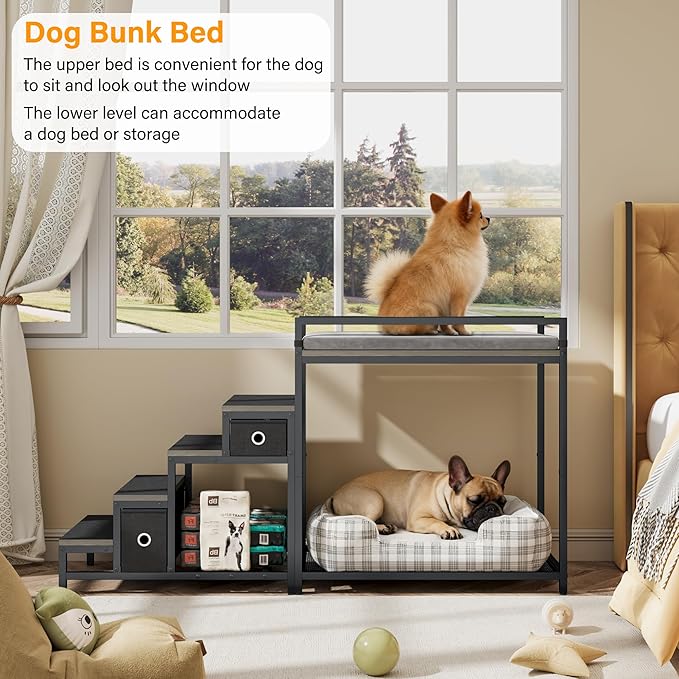 kepptory Pet Bunk Bed with Stairs and Storage, Dog Beds Attachment to Human Bed, Bedside Dogs Cot for Small, Medium Cats & Dogs, Pet Window Perch (Grey)