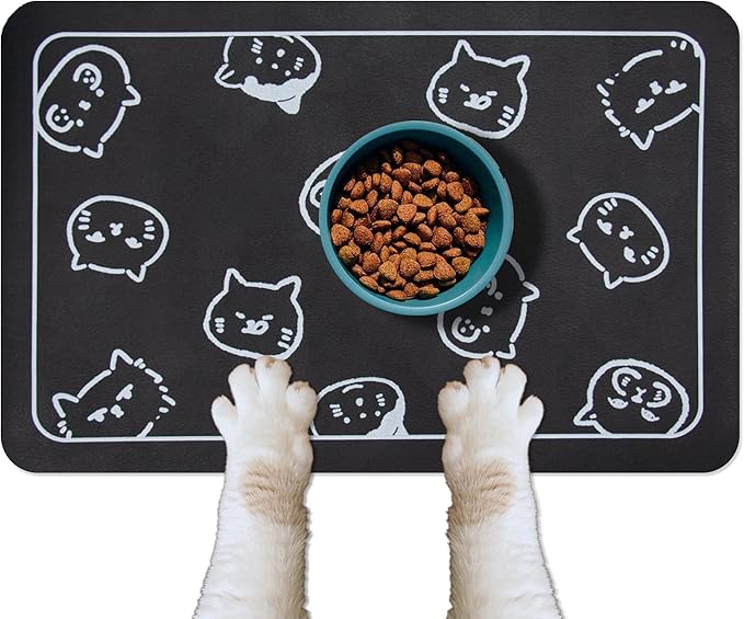 YCT Cat Food and Water Mat for Pets - Non Slip Super Absorbent Dog Bowl Mat, with Multiple Cat Heads Logo - 24 x 16.9 Inches, Black