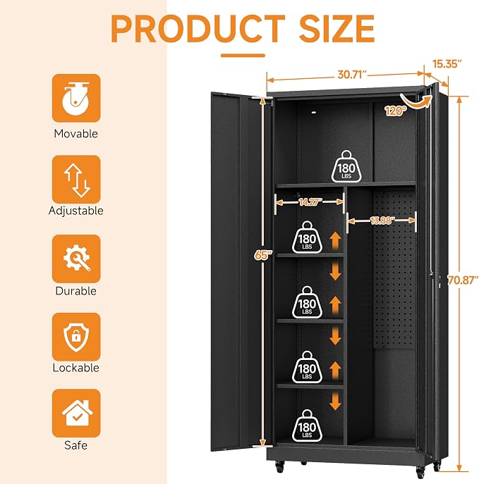 Metal Garage Storage Cabinet with 2 Doors, Adjustable Rolling Tool Storage Cabinet with Lock, 71" Steel Locking Broom Closet with Wheels and Shelves for Garage, Warehouse(Black, 71" H)