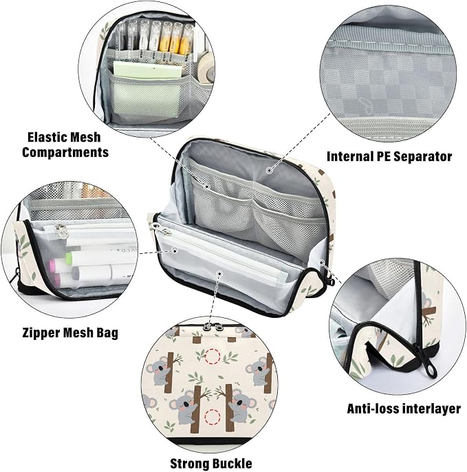 Aslsiy Large Capacity Pencil Case Grey Koala Bear Leaves (1) Pencil Pouch for Boys Girls Portable Pen Bag Organizer Standing Makeup Bag for School Office Supplies