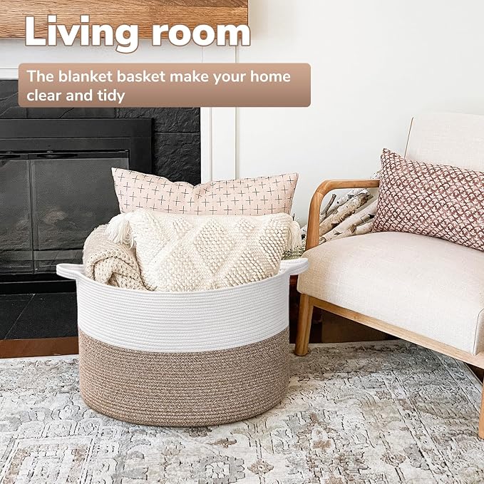 Goodpick Large Woven Blanket Basket Living Room & Playroom, 85L | 21.7 x 21.7 x 13.8 In Storage Basket for Toys Shoes, Cute Baby Laundry Hamper for Towels, Clothes, Mele
