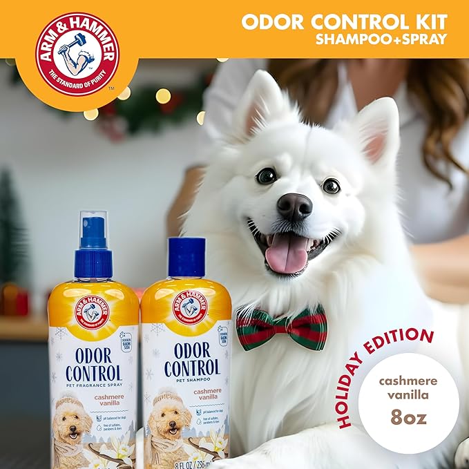 Arm & Hammer Odor Control Pet Grooming Gift Set, Includes Dog Shampoo 8 Fl Oz and Dog Bath Spray 8 Fl Oz, Cashmere Vanilla Scent, pH Balanced, Paraben and Sulfate Free