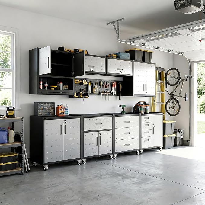 8-Piece Heavy Duty Steel Garage Cabinet System | All-in-One Modular Garage Cabinet Set for Ultimate Workshop Organization | Easy Assembly Garage Storage Cabinets & Tool Bench (Black)