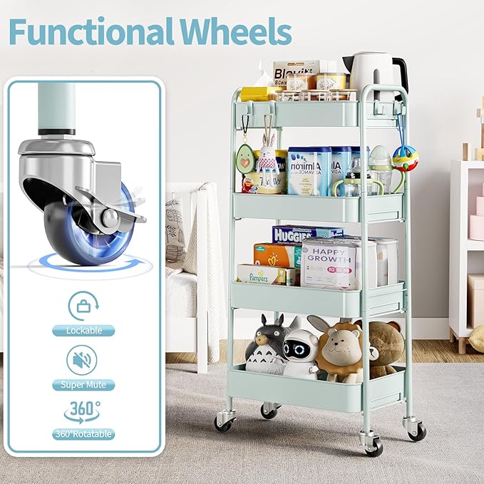 TOOLF 4 Tier Metal Rolling Cart, Utility Storage Cart with Wheels, Green | Screwless Assembly, Lockable Metal Wheels, Trolley Organizer for Bathroom, Kitchen, Office, Dorm, Laundry, Craft Room