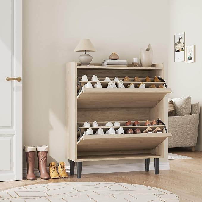 GarveeHome Shoe Cabinet with 2 Flip Drawers, Wooden Shoe Organizer Cabinet with Adjustable Shelf, Shoe Storage for Entryway, Hidden Shoe Cabinet for Hallway, Living Room, Natural Oak