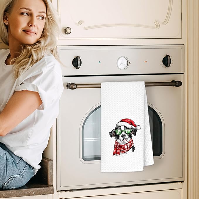 Christmas Border Collie Kitchen Towels, Border Collie Gifts for Women Dish Tea Towels for Kitchen Decor, Retro Xmas Santa Dog Decorative Hand Towel Bathroom Decor, 16x24 Inch