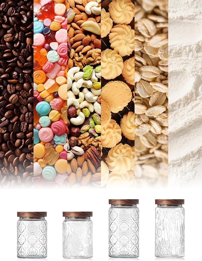 Vintage Glass Jar with Wood Lid - Christmas Airtight Canisters for Kitchen Countertop Bathroom, Storage Candy, Cookie, Coffee, Apothecary, Sugar, Flour,Pet Treat (2 X Begonia, 34oz/1000ml)