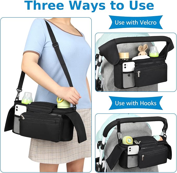 Accmor Universal Stroller Organizer with Insulated Cup Holder Detachable Phone Bag and Shoulder Strap,Stroller Bag Caddy Organizer for Uppababy, Baby Jogger, Britax Strollers